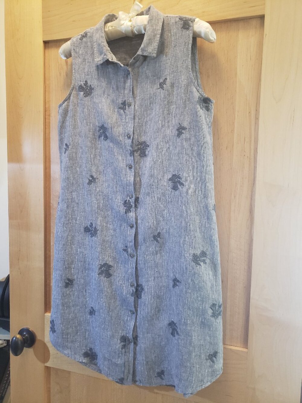 Karyn Seo 100% Linen Embroidered Blue Roses Shirt Dress Size Small